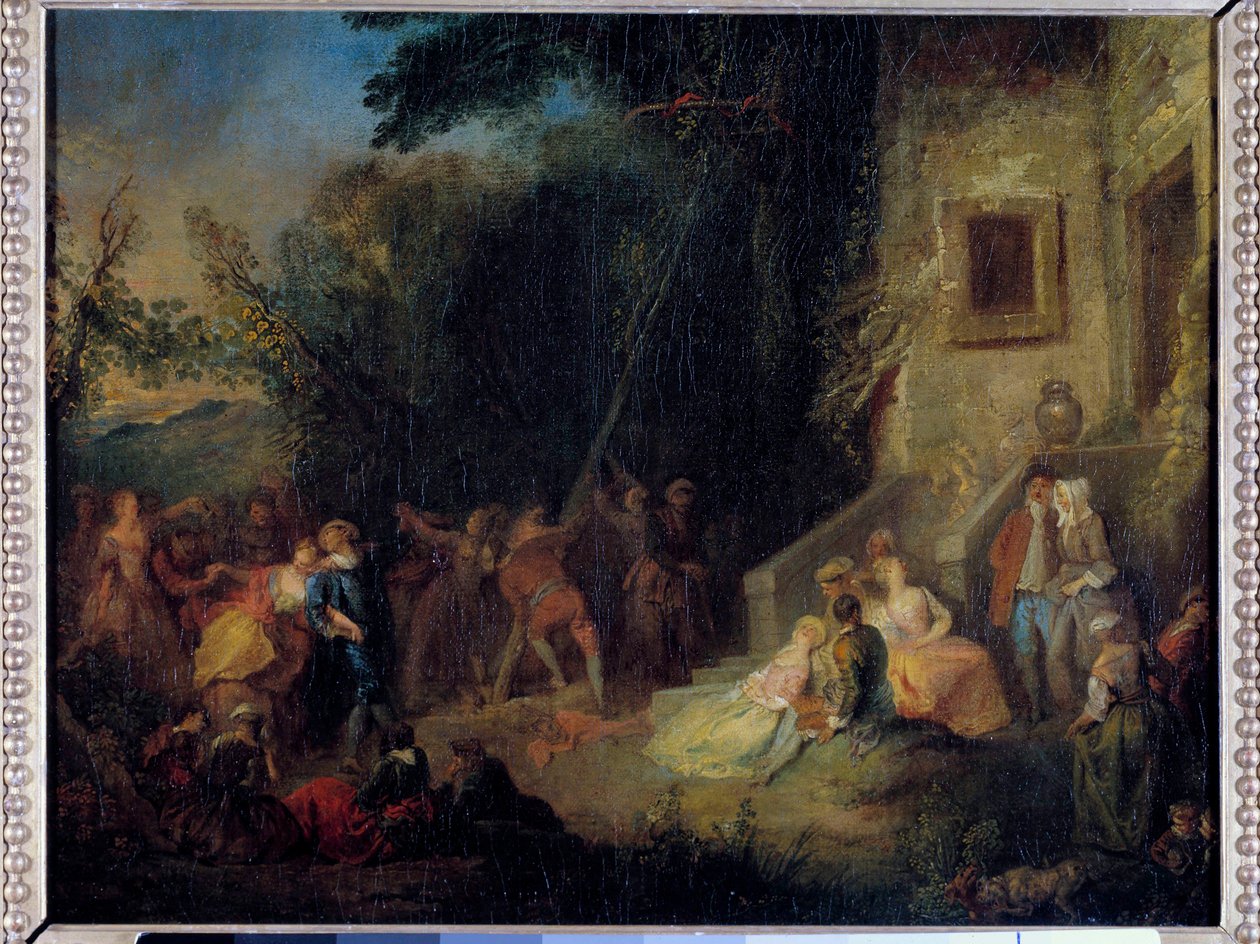 Piantagione di maggio, una festa tradizionale che consisteva nel piantare un albero a maggio da Pierre Antoine (attr. to) Quillard