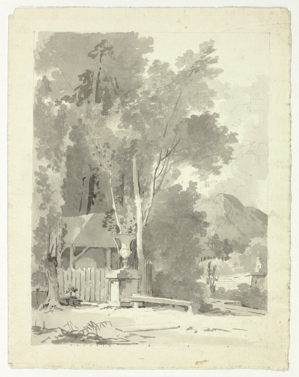 Urna classica davanti a un capanno, con tempio e montagna sullo sfondo da Pierre Antoine Mongin
