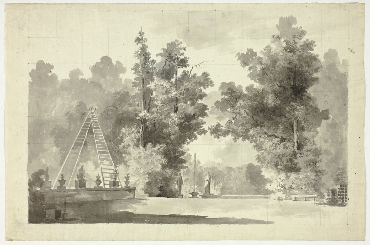 Veduta del parco di Versailles: Arco di scale con piante; statuario da Pierre Antoine Mongin