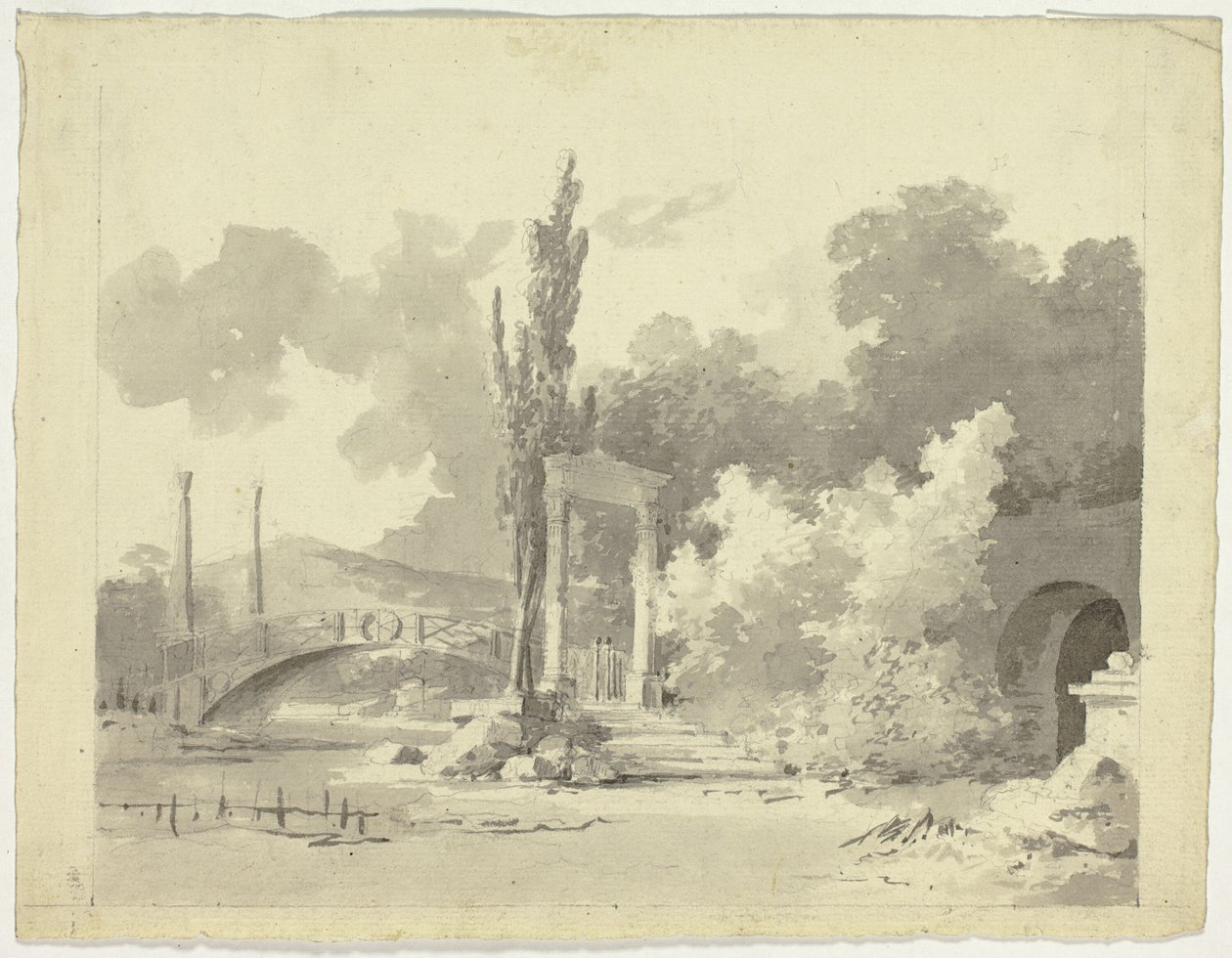 Veduta del parco di Versailles: Ponte ad arco con colonne di avvicinamento da Pierre Antoine Mongin
