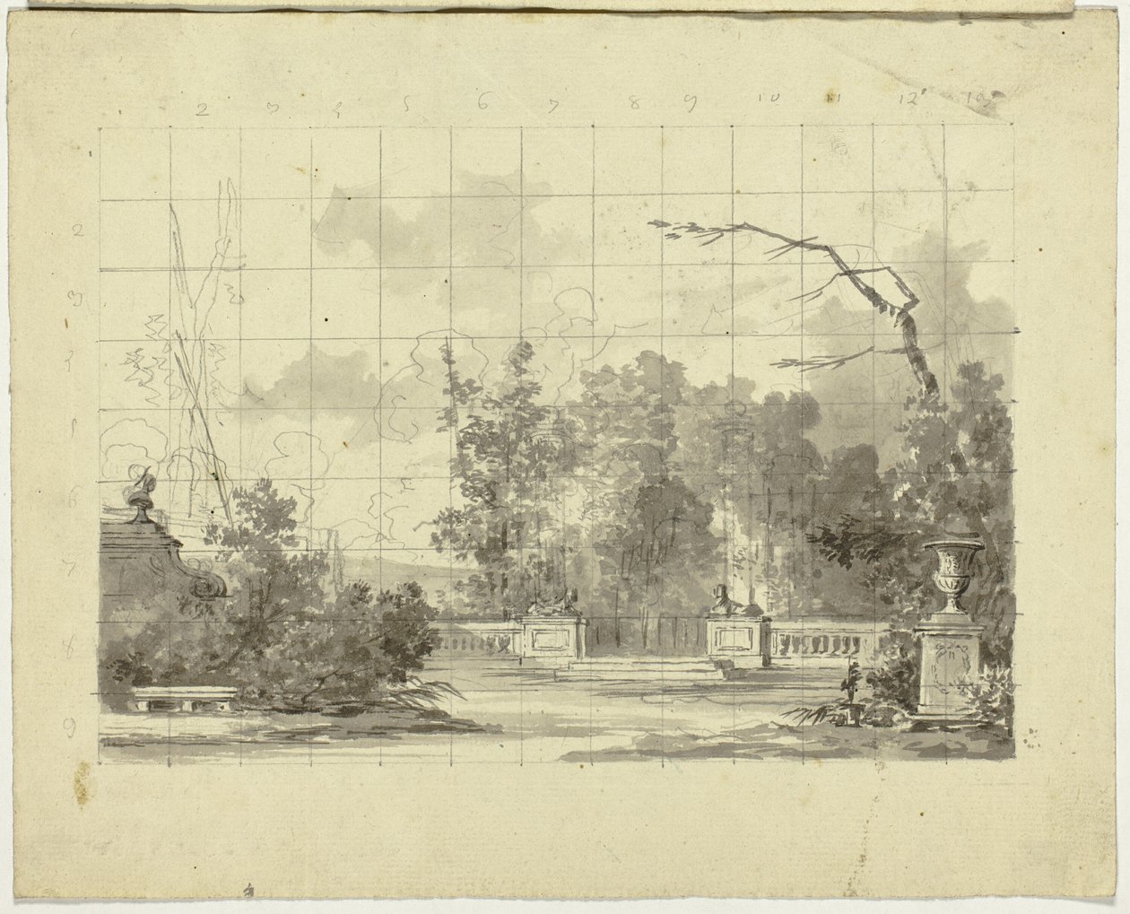 Veduta del parco di Versailles: Balaustra con urna di due sfingi da Pierre Antoine Mongin