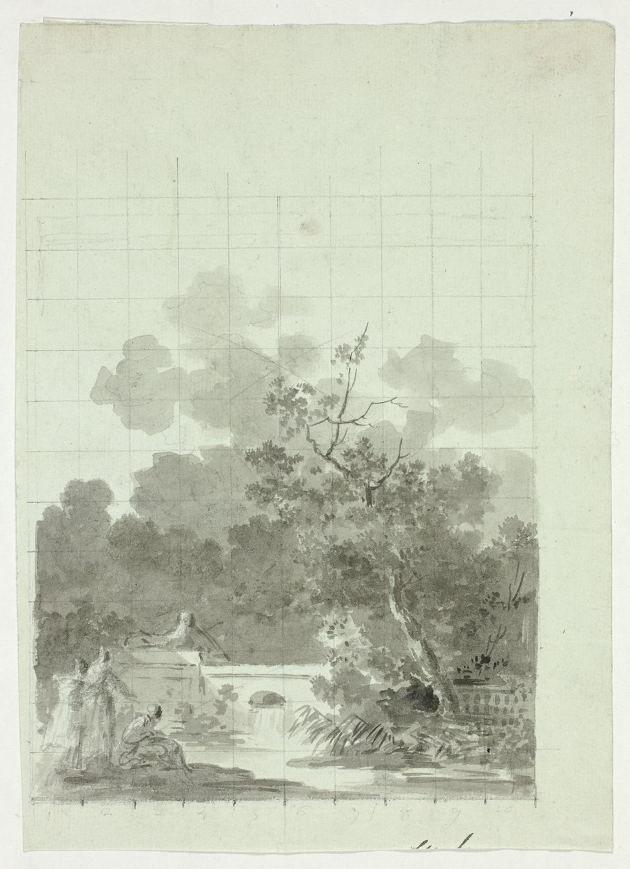 Vista del parco di Versailles: Pesca in uno stagno vicino a un boschetto di alberi da Pierre Antoine Mongin