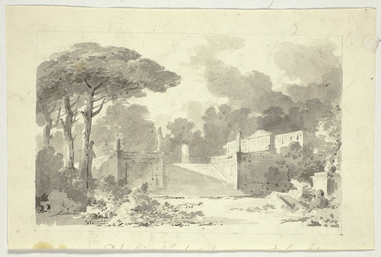 Veduta del parco di Versailles: Scalinata monumentale, piedistallo e tempio da Pierre Antoine Mongin