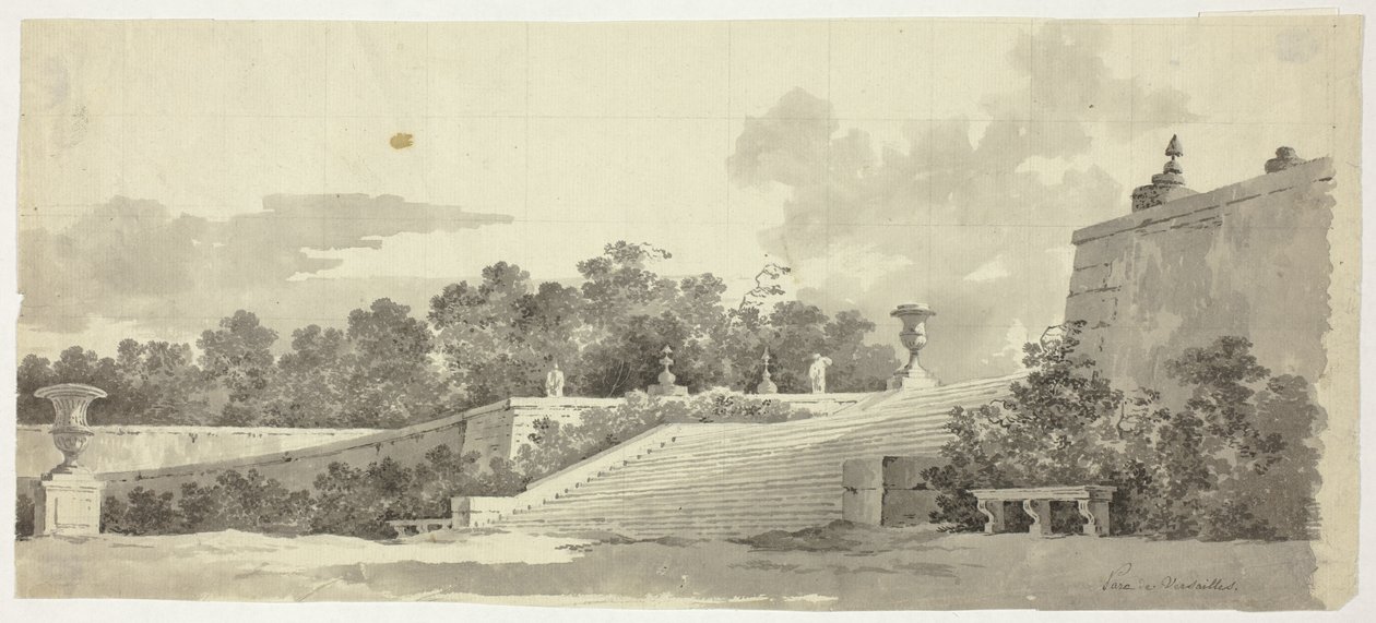 Veduta del parco di Versailles: Scalinata, urne e topiari da Pierre Antoine Mongin