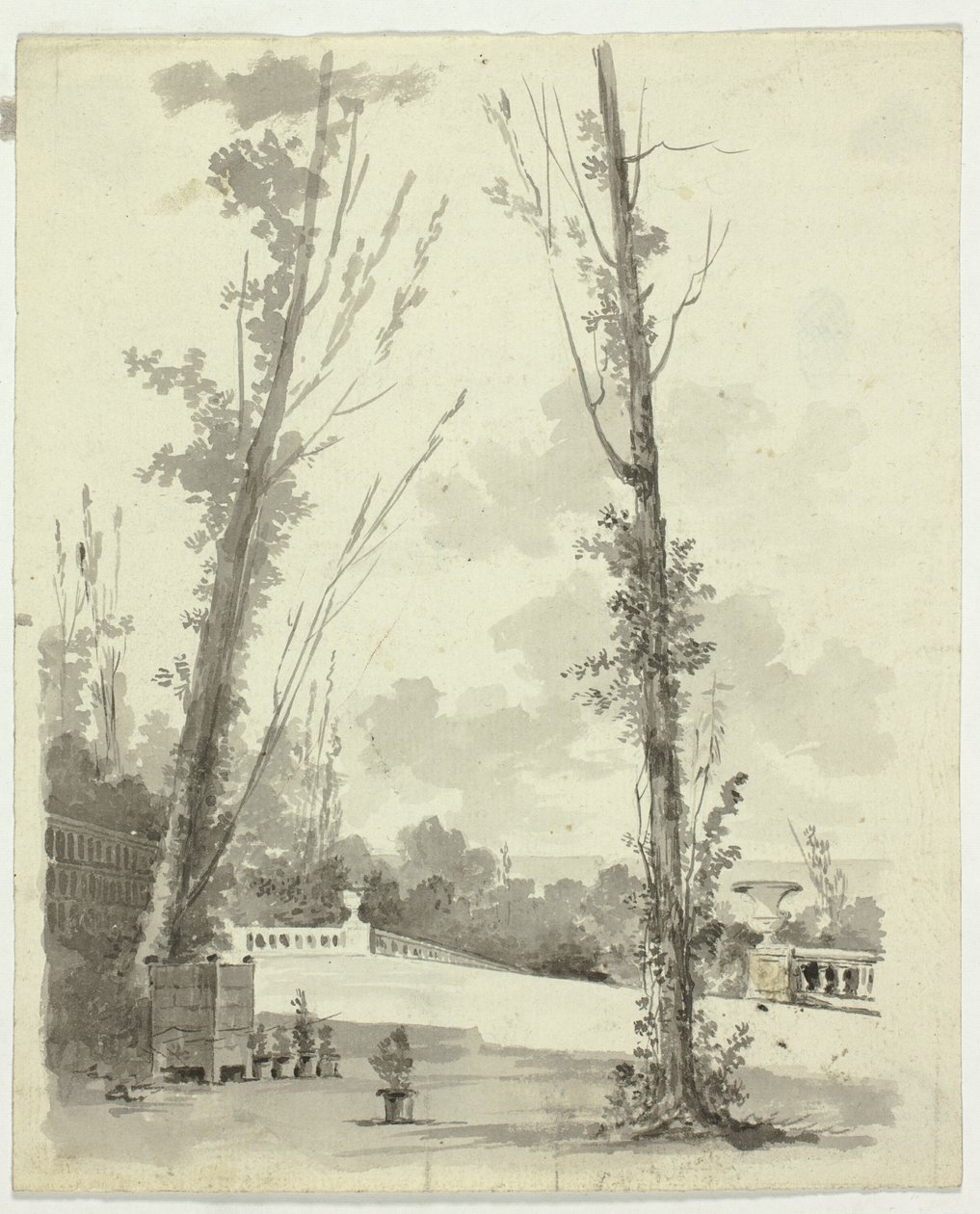 Veduta del parco di Versailles: Due pioppi con passeggiata a balaustre sullo sfondo da Pierre Antoine Mongin