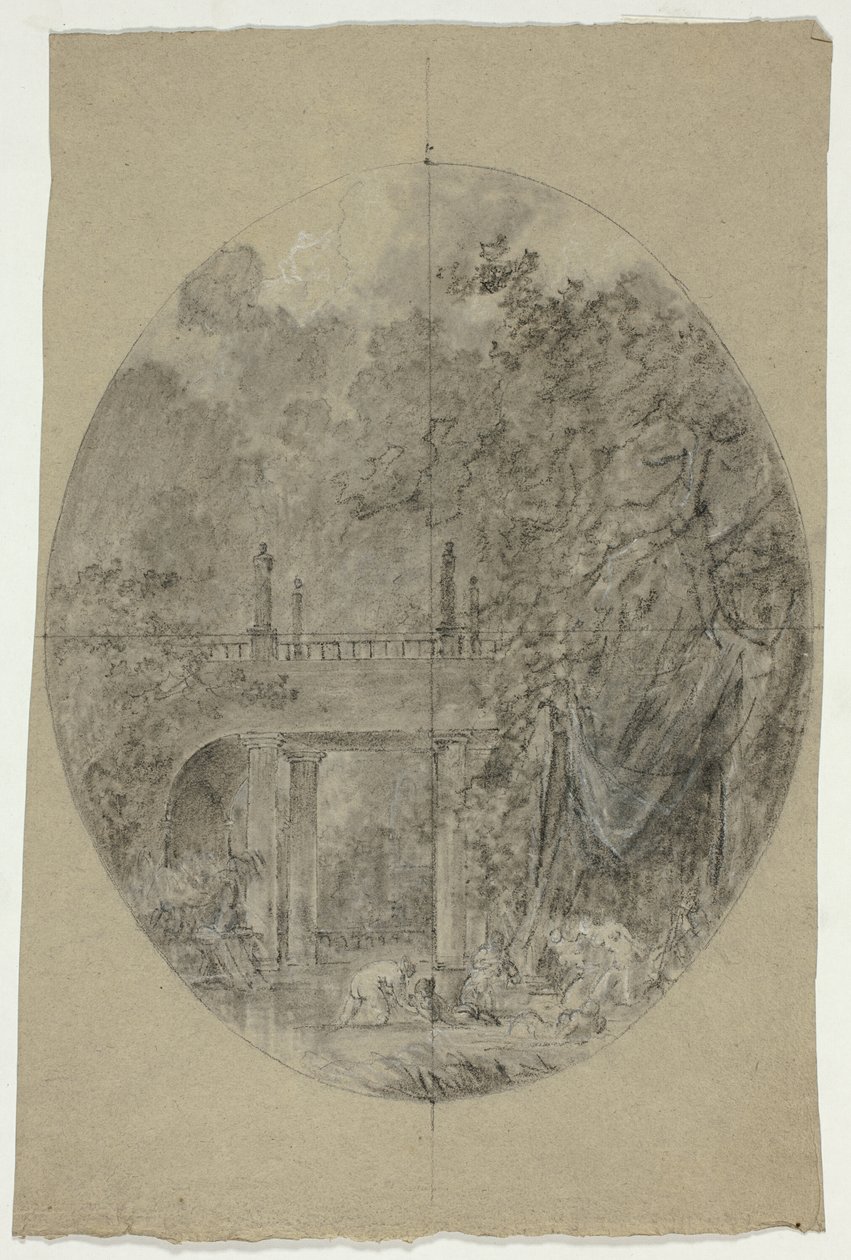 Veduta del parco di Versailles: Donne che fanno il bagno sotto un ponte da Pierre Antoine Mongin