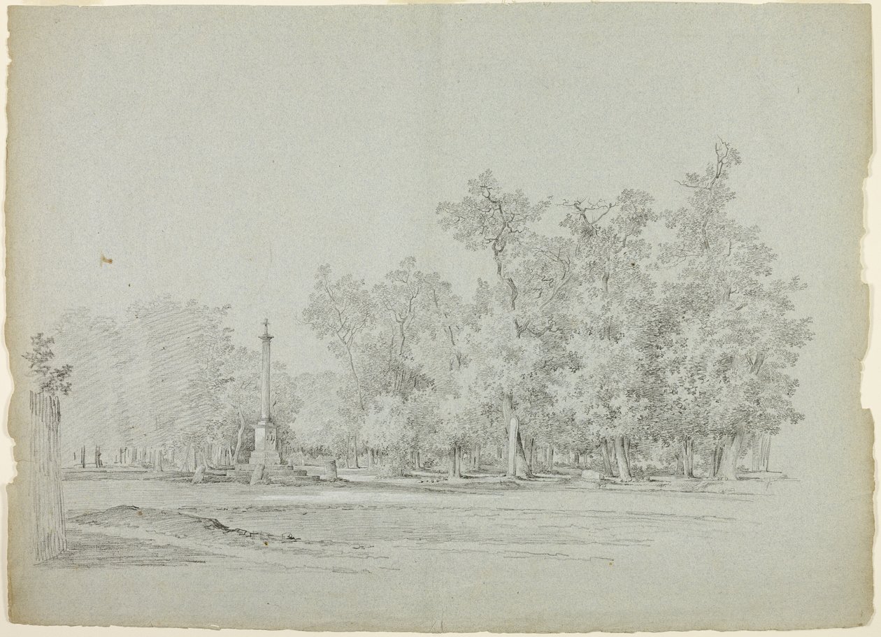 Veduta del parco di Versailles: Paesaggio con colonna commemorativa e boschetto di alberi da Pierre Antoine Mongin