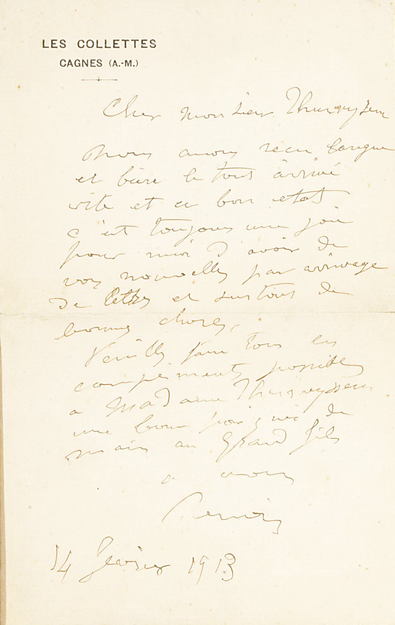 Lettera autografa firmata al Dr. Fritz Thurneyssen, Parigi e Les Collettes, 24 giugno 1908 da Pierre Auguste Renoir