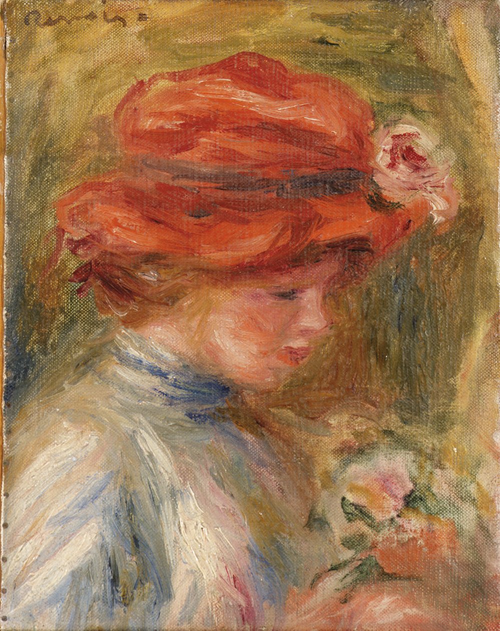 Giovane donna con cappello rosso da Pierre Auguste Renoir