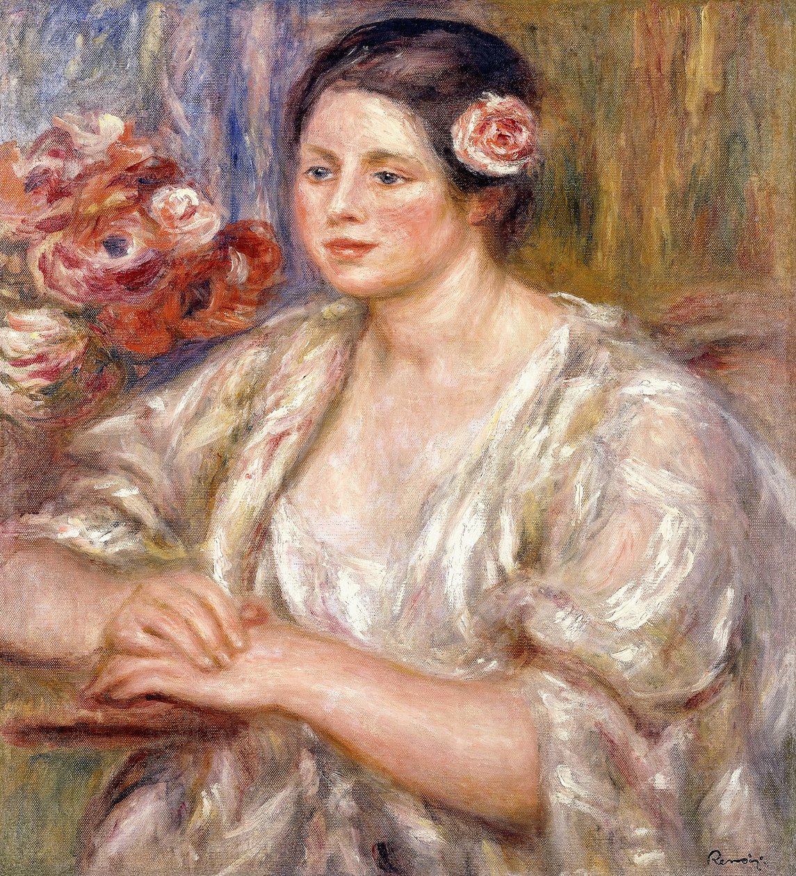 Madeleine in una Camicetta Bianca e Mazzo di Fiori, c.1915-1919 da Pierre Auguste Renoir