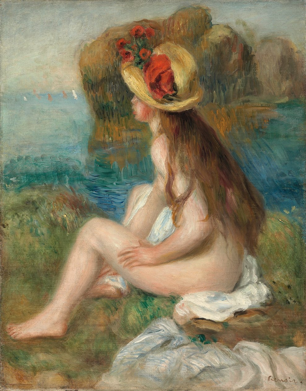 Nudo con cappello di paglia vicino al mare, 1892 da Pierre Auguste Renoir