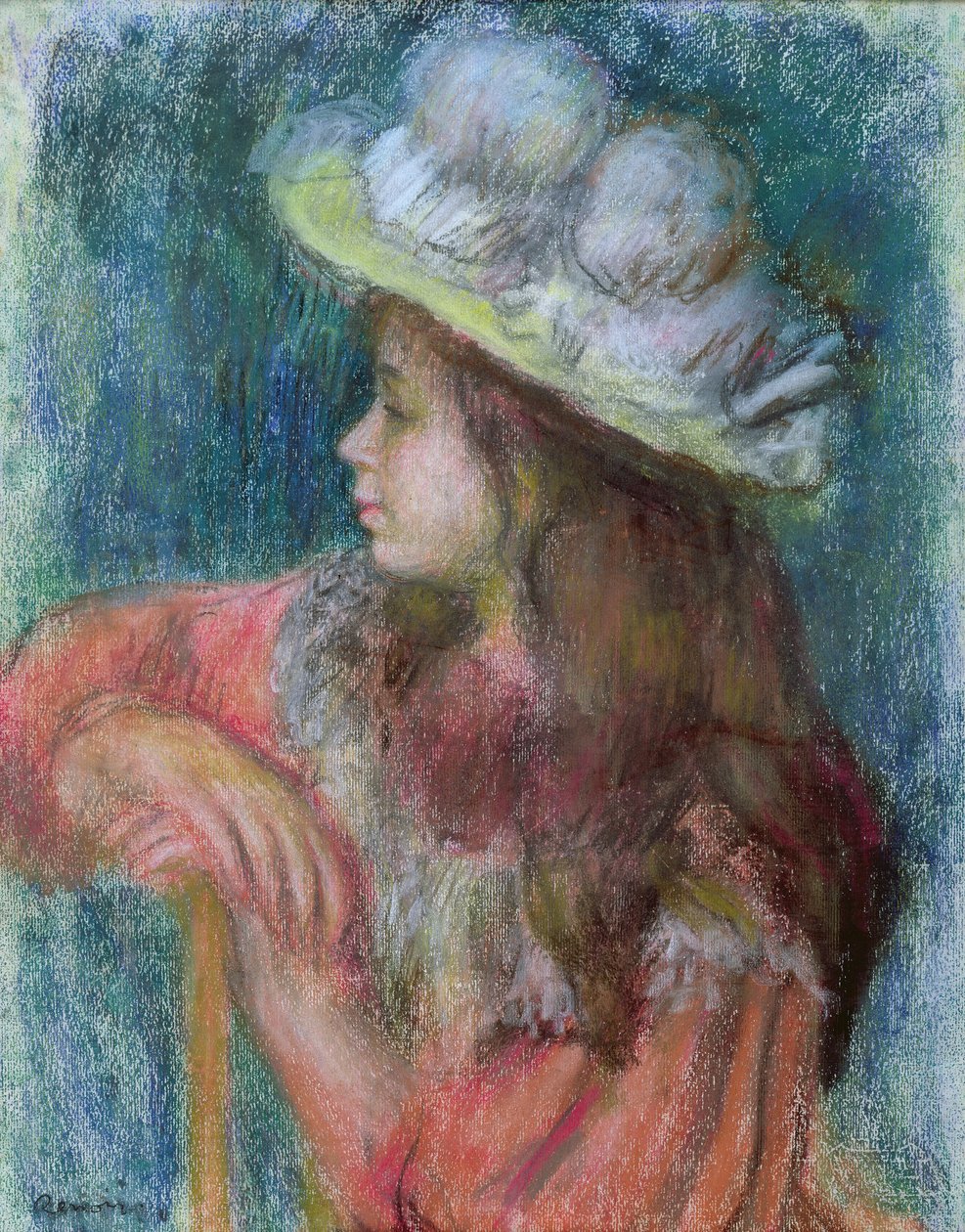 Giovane ragazza seduta con un cappello bianco, 1884 da Pierre Auguste Renoir