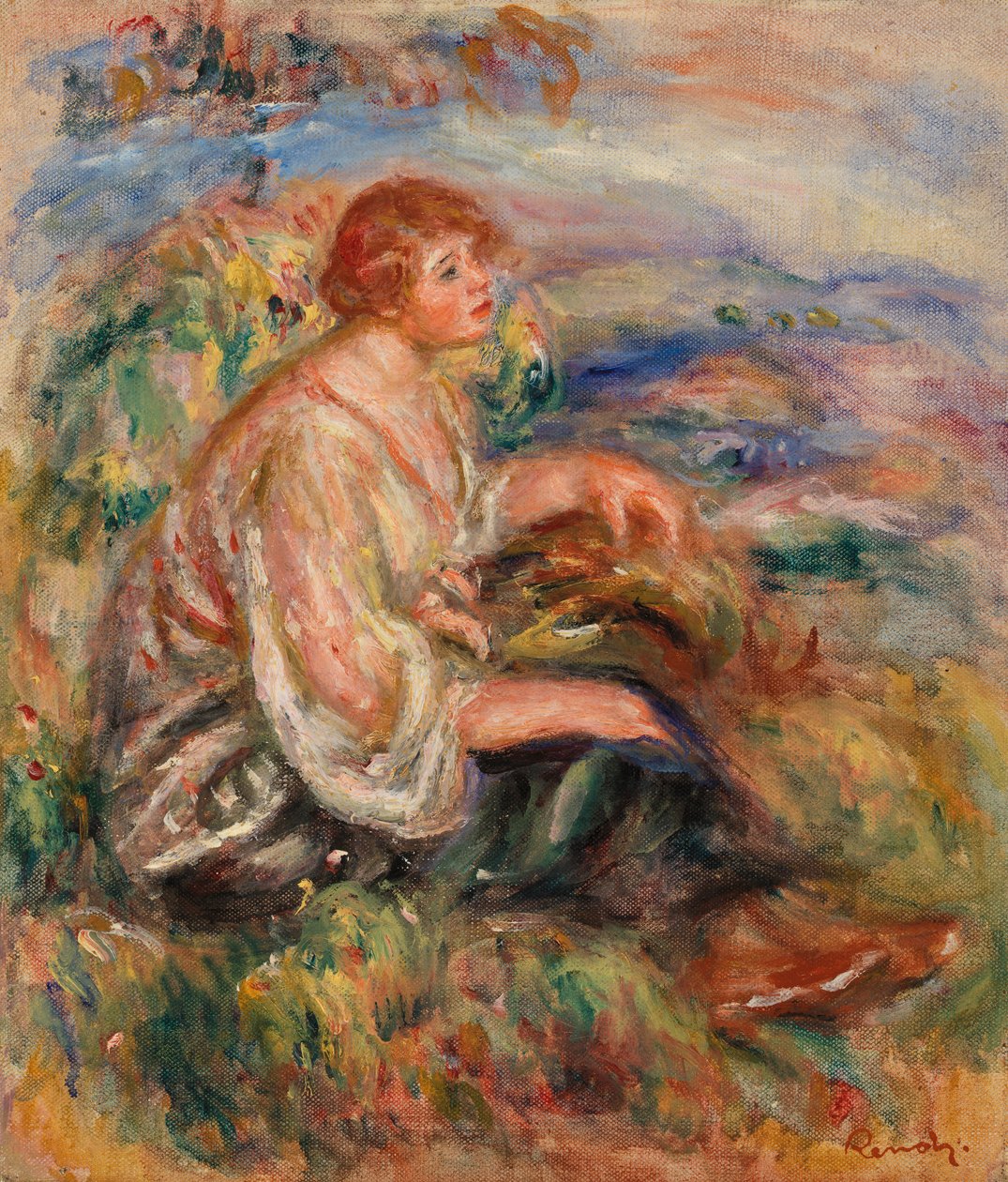 Donna in camicetta di tulle e gonna nera da Pierre Auguste Renoir