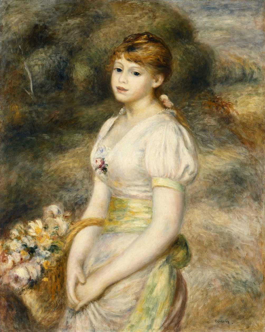 Giovane ragazza che porta un cesto di fiori da Pierre Auguste Renoir