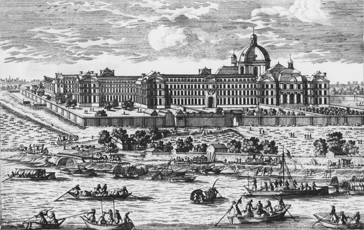 Vista della Salpêtrière. Incisione di Aveline nel XVII secolo da Pierre Aveline
