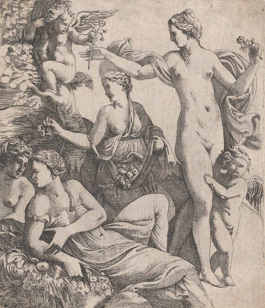 Venere, in piedi con le tre Grazie, riceve un fiore da un putto, 1607-61 da Pierre Biard