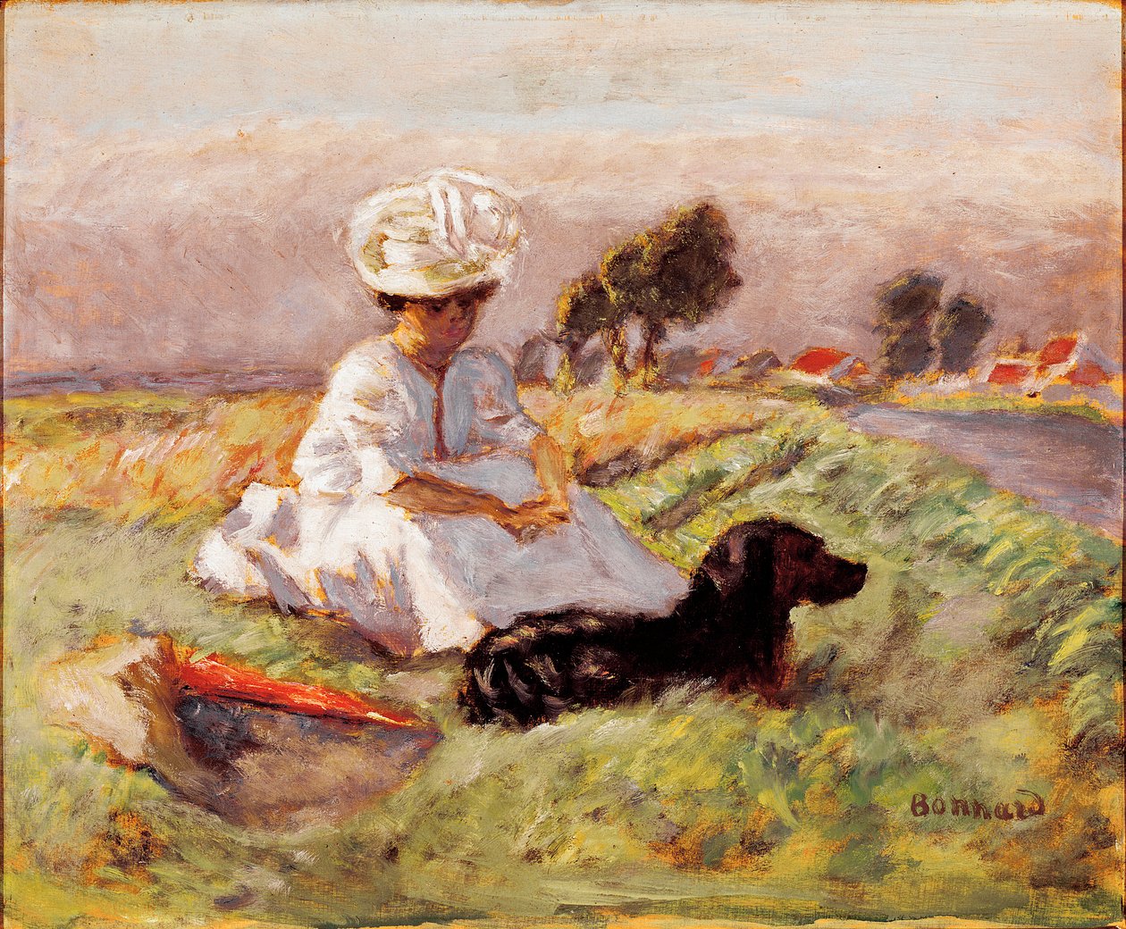 Madame Bonnard, la moglie del pittore seduta con il suo cane da Pierre Bonnard