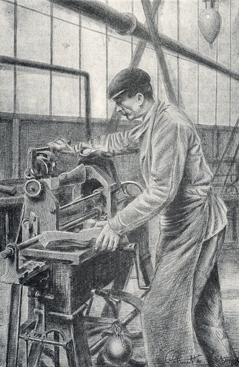 Taglio dei calci dei fucili in una fabbrica di armi Incisione di Pierre Calmette Collezione privata da Pierre Calmettes