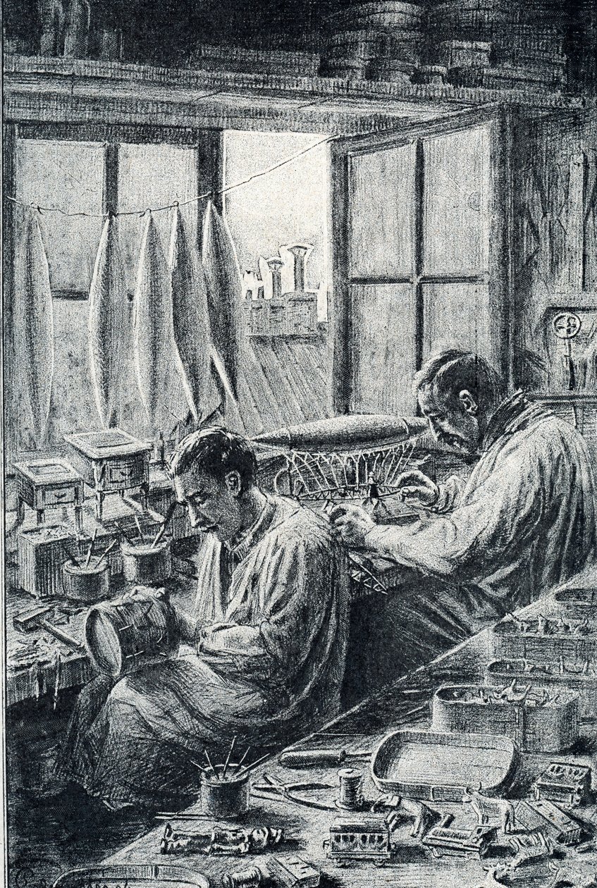 Operai parigini che fabbricano giocattoli, incisione di Pierre Calmette, collezione privata da Pierre Calmettes