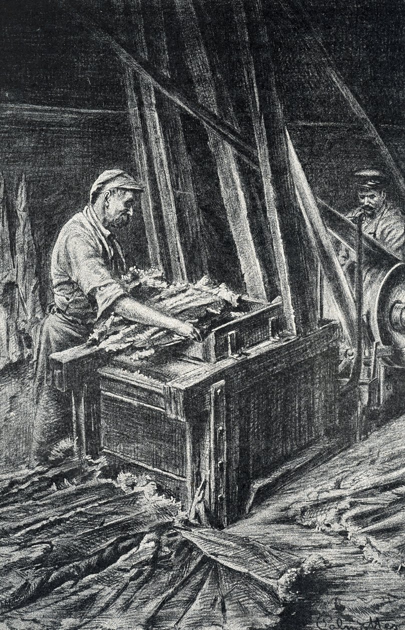 Peausserie, le corroyage: lavorazione della pelle, ammorbidimento delle pelli animali in un fuller. Incisione dalla collezione privata di Pierre Calmette da Pierre Calmettes