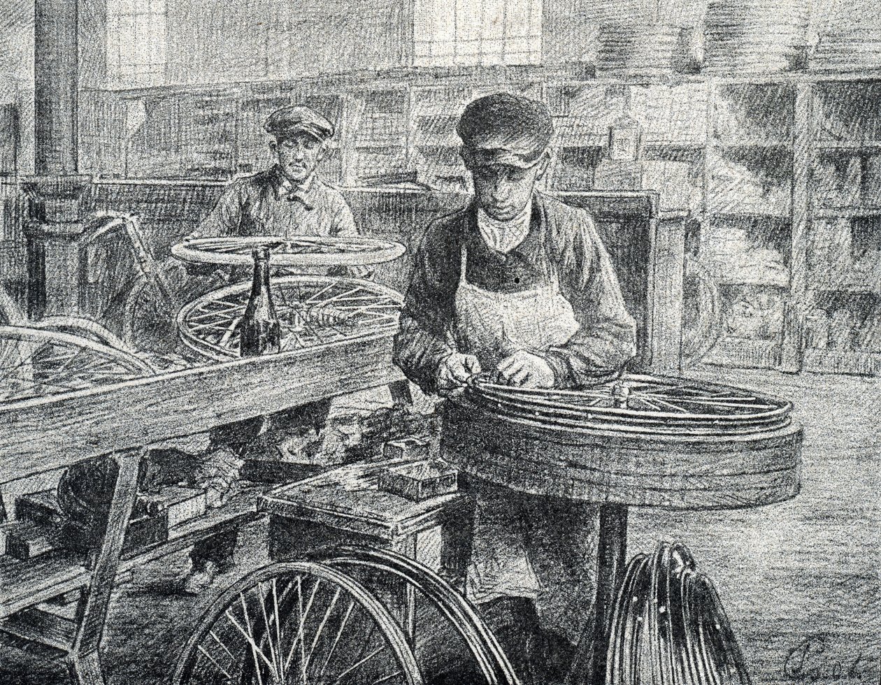 Operai che fissano i raggi ai cerchi di una bicicletta durante la sua fabbricazione. Incisione dalla collezione privata di Pierre Calmette da Pierre Calmettes