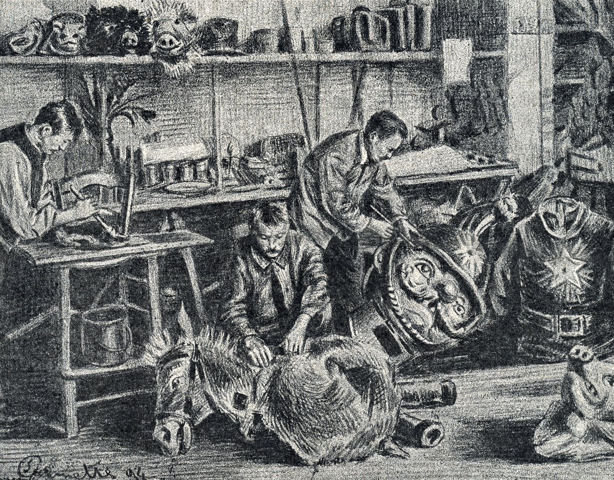 Laboratorio di produzione di accessori per teatro e spettacoli, Incisione da Pierre Calmette, Collezione Privata da Pierre Calmettes
