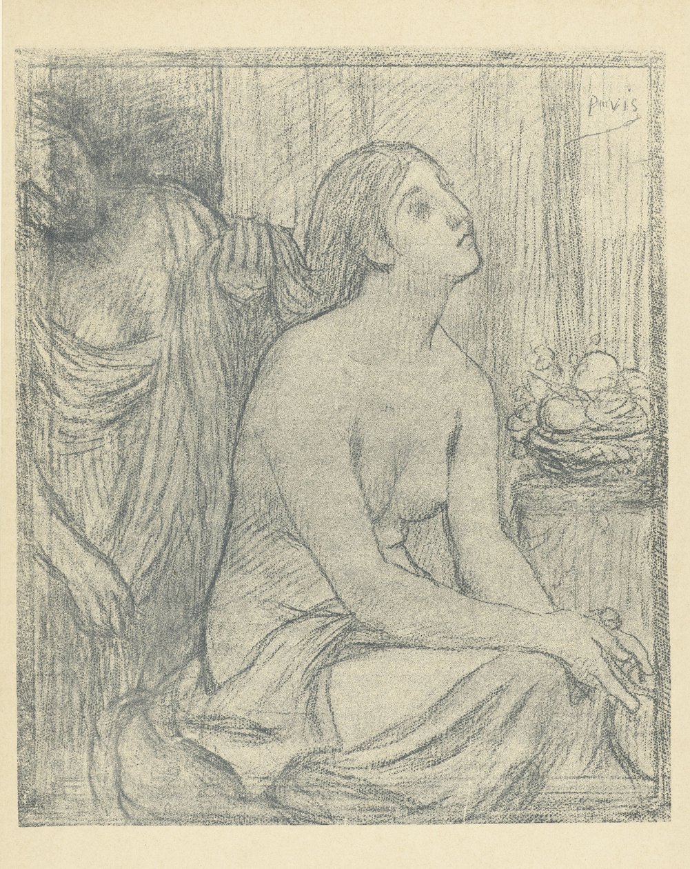 Donna pettina i capelli di una donna mezza nuda seduta da Pierre Cécile Puvis de Chavannes