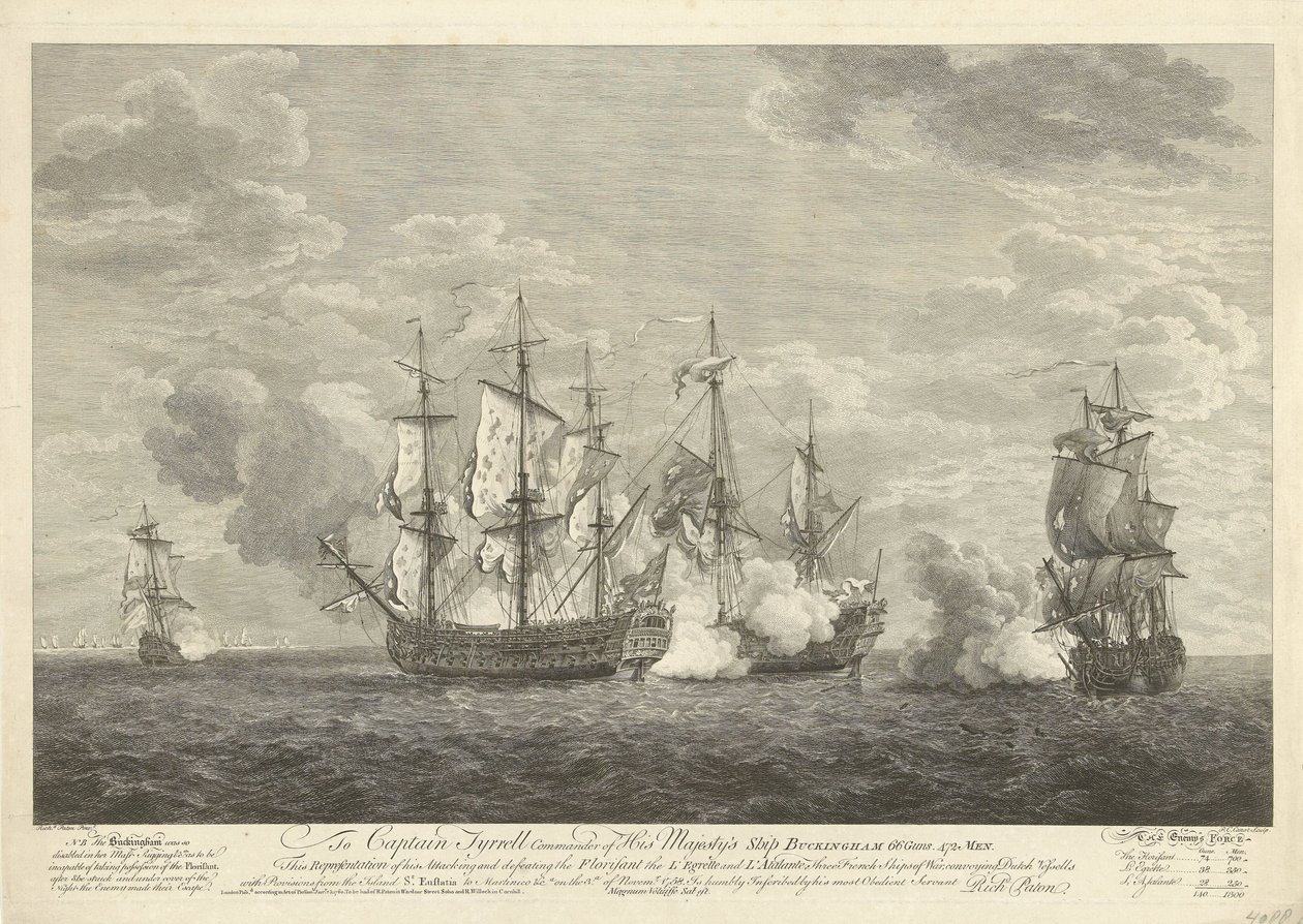 Attacco di una nave inglese a tre navi francesi presso Saint Eustatius, 1758 da Pierre Charles Canot