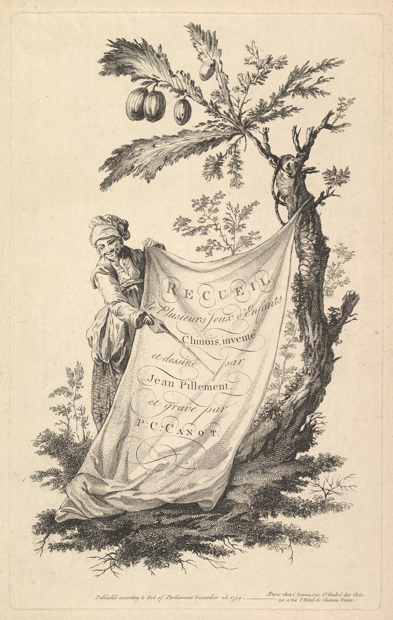 Pagina del titolo: un uomo sorridente tiene un angolo di un panno legato a un albero di fico e indica con un s... da Pierre Charles Canot