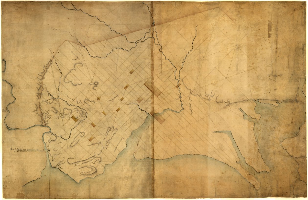 Mappa a linee tratteggiate di Washington, D.C., 1791, prima del 19 agosto. LOC 88694203 da Pierre Charles L