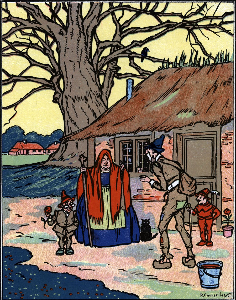 La fuga di Picrochole che incontra una vecchia strega, illustrazione di Pierre Couselles (morto nel 1938) da "Gargantua" di François Rabelais da Pierre Courselles