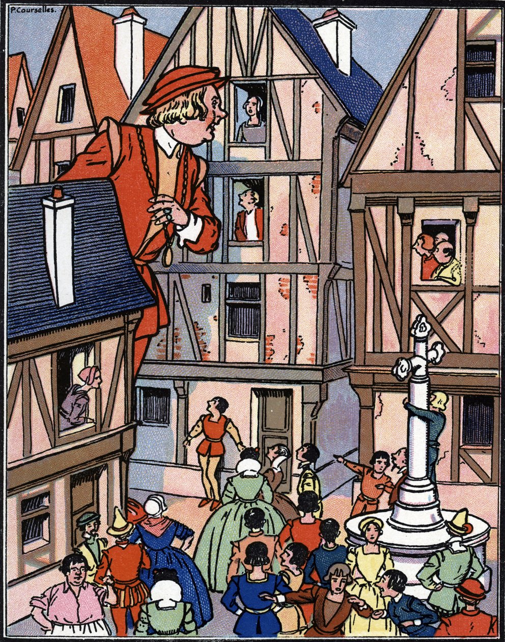 Il gigante Gargantua nelle strade di Chinon, illustrazione di Pierre Couselles da 