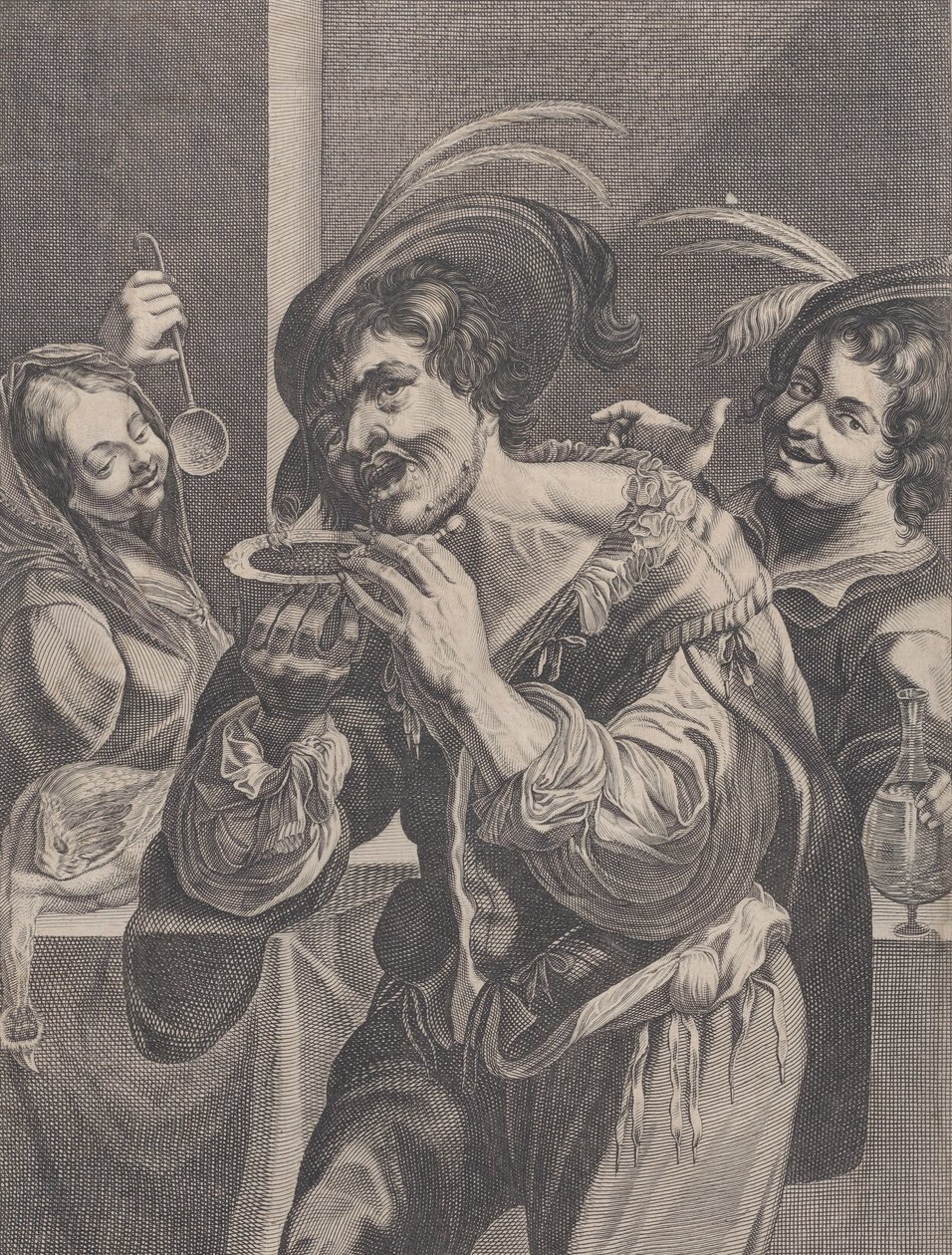 Uomo che beve zuppa mentre due persone lo guardano da Pierre Daret