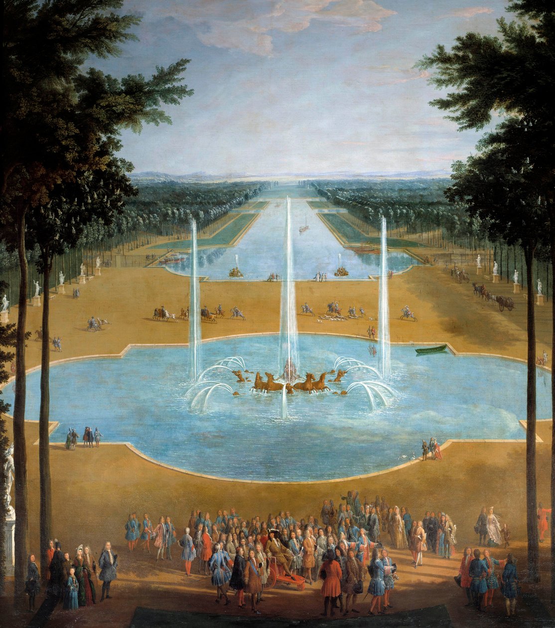 Veduta della vasca di Apollo e del Grand Canal di Versailles nel 1713, in primo piano: Re Luigi XIV (1638-1715) in passeggiata intorno al 1713 (dettaglio) da Pierre Denis Martin