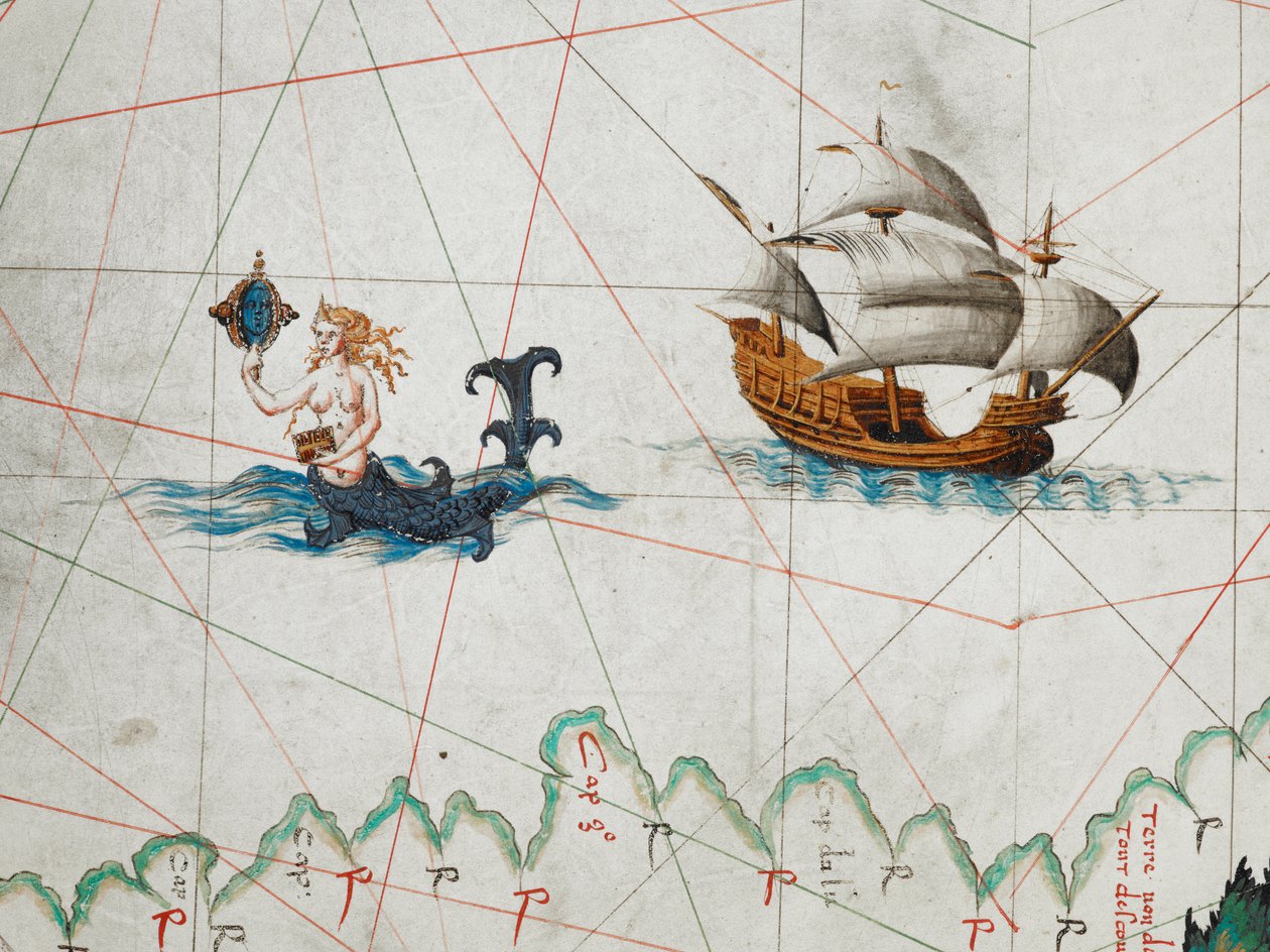 Un dettaglio di una sirena che si ammira in uno specchio e una nave a est nell