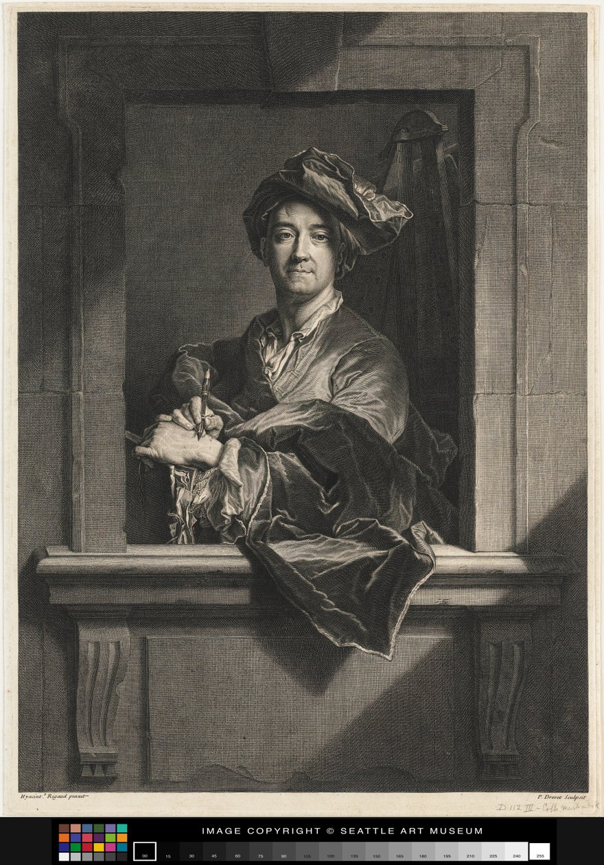 Incisione del Ritratto di Hyacinth Rigaud di se stesso, fine XVII secolo-XVIII secolo da Pierre Imbert Drevet