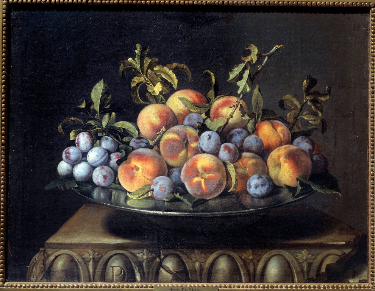 Pesche e prugne in un piatto di latta da Pierre Dupuis