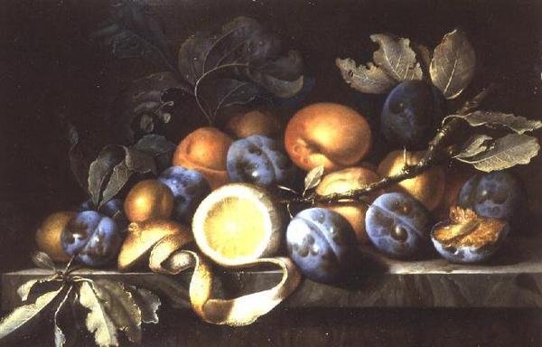 Natura morta con prugne e un limone sbucciato (uno di una coppia) da Pierre Dupuis