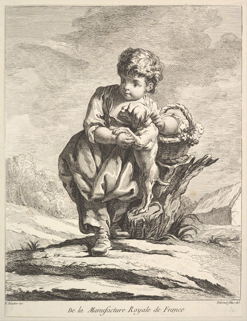 Bambino con un cane, che tiene un cesto di uva, da Premier Livre de Figures da Pierre Etienne Falconet