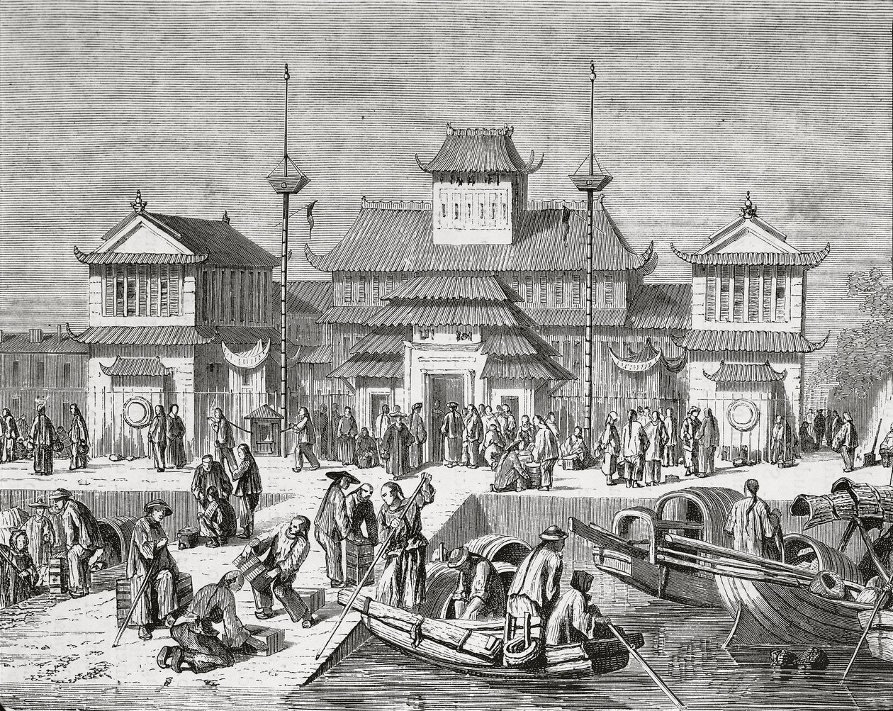 Cina, Shanghai, Shanghai Customs House, incisione da Pierre Eugene Grandsire