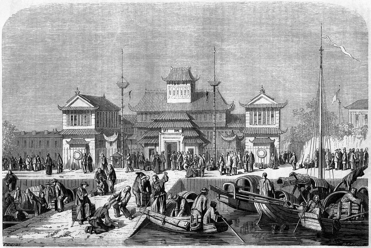 Veduta delle dogane nel porto di Shanghai nel 1860, Cina. Incisione di Grandsire, in "Le Tour du Monde, Nouveau journal des Voyages", a cura di Edouard Charton, Parigi da Pierre Eugene Grandsire