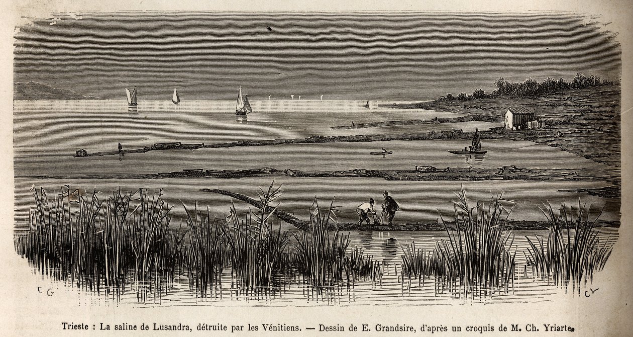 La salina di Lusandra, nei pressi di Trieste, incisione di E. Grandsire per illustrare il viaggio in Istria e Dalmazia, 1874, di Charles Yriarte da Pierre Eugene Grandsire