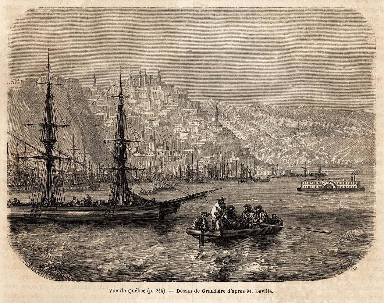 Veduta di Quebec, disegno di Grandsire, per illustrare i viaggi in Nord America nel 1854-1855, di L. Deville. Incisione in "Le tour du monde" 1861. Collezione Selva da Pierre Eugene Grandsire
