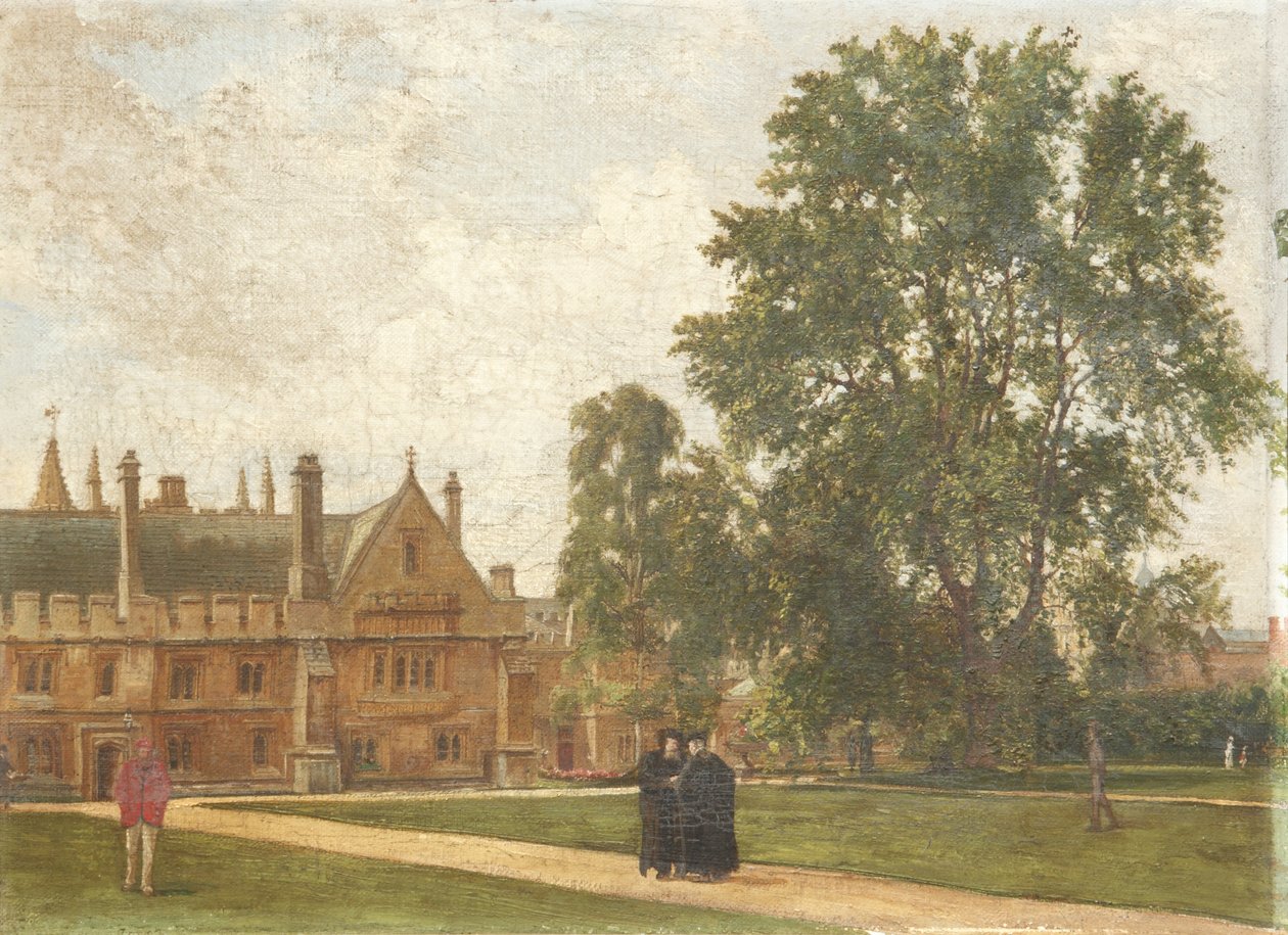 Nei giardini del Magdalen College, con ritratti dei Fellows del Magdalen: Reverendo T. H. T. Hopkins, Reverendo H. R. Bramley, Reverendo J. Rigaud e Reverendo H. F. Garnsey, 1882 da Pierre François Joseph Tonneau