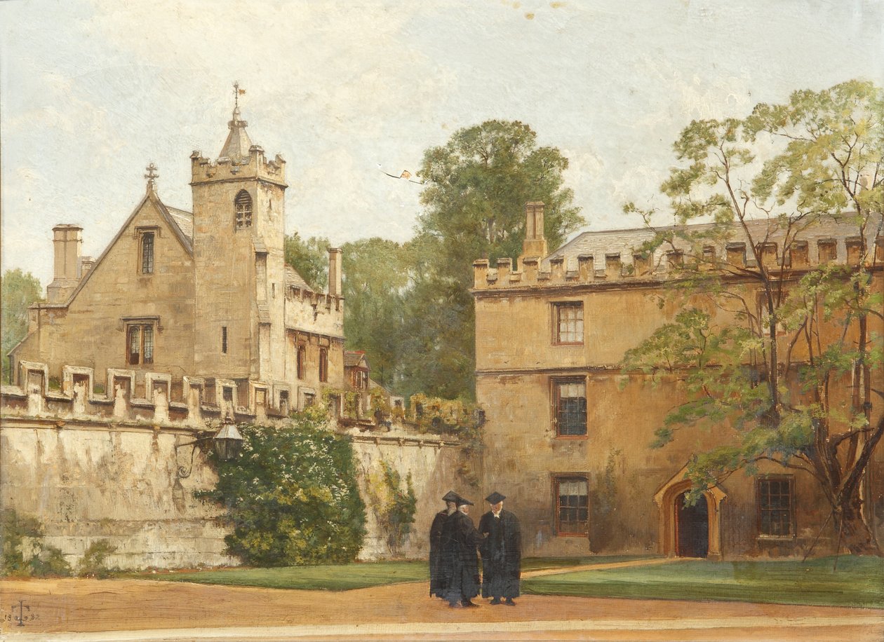 La Sala di grammatica dal Quadrilatero di St Johns nel 1881: Presidente Bulley nel vialetto delle Logge e due altri, 1881 da Pierre François Joseph Tonneau