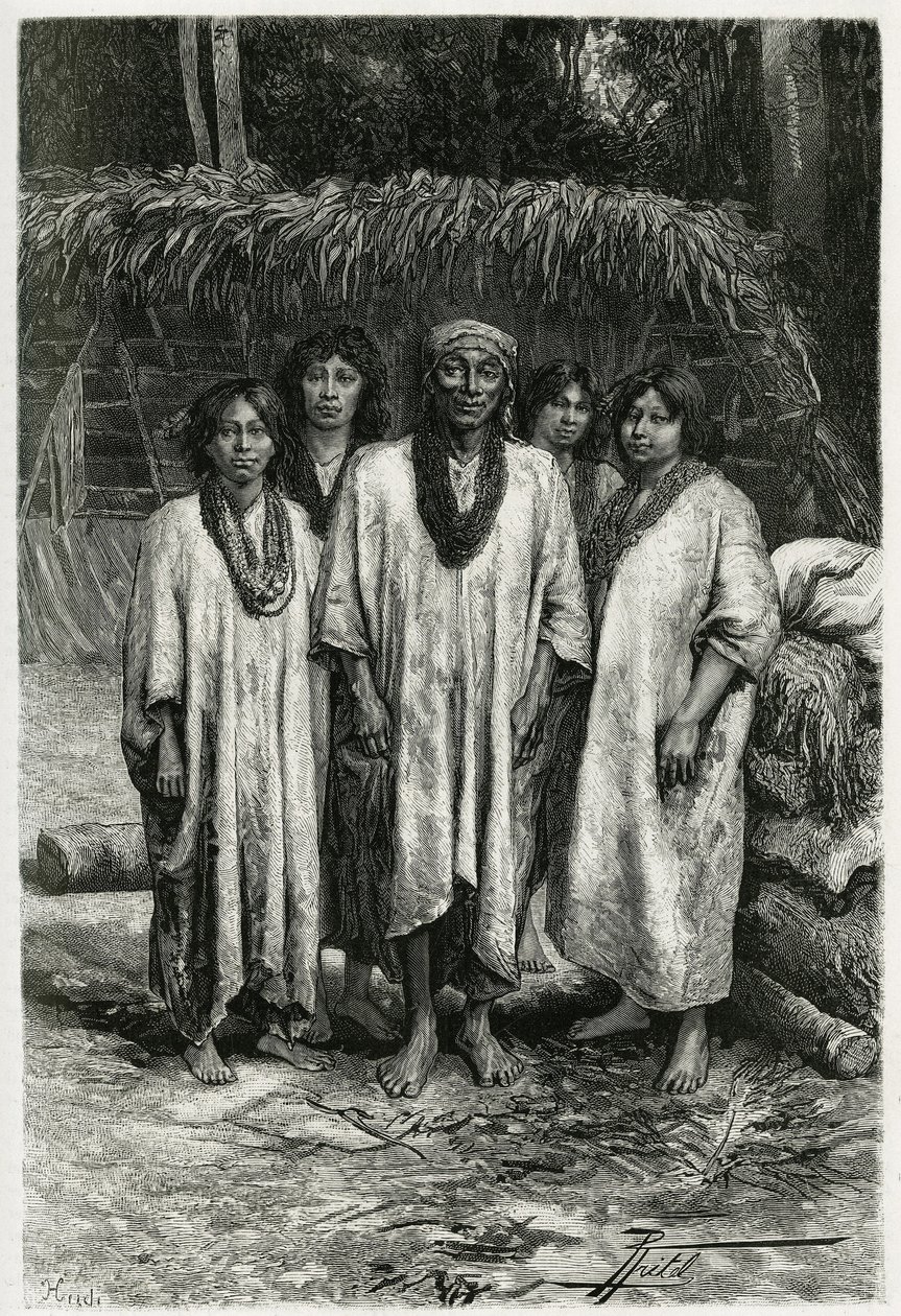 Capo Lacandon e tipi Lacandon, popolo Maya che vive nelle giungle del Chiapas (Messico). Incisione di P. Fritel, per illustrare la storia 