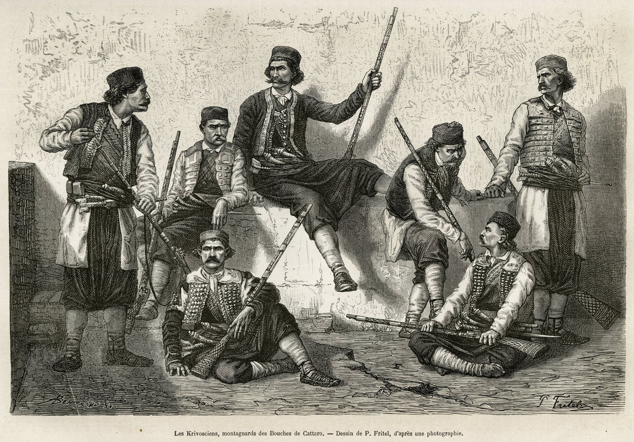 I Krivosciani, montanari delle Bocche di Cattaro (o Kotor, baia sulla costa occidentale del Montenegro), armati per resistere alla forza di invasione delle truppe austriache. Incisione dal disegno di P. Fritel da Pierre Fritel