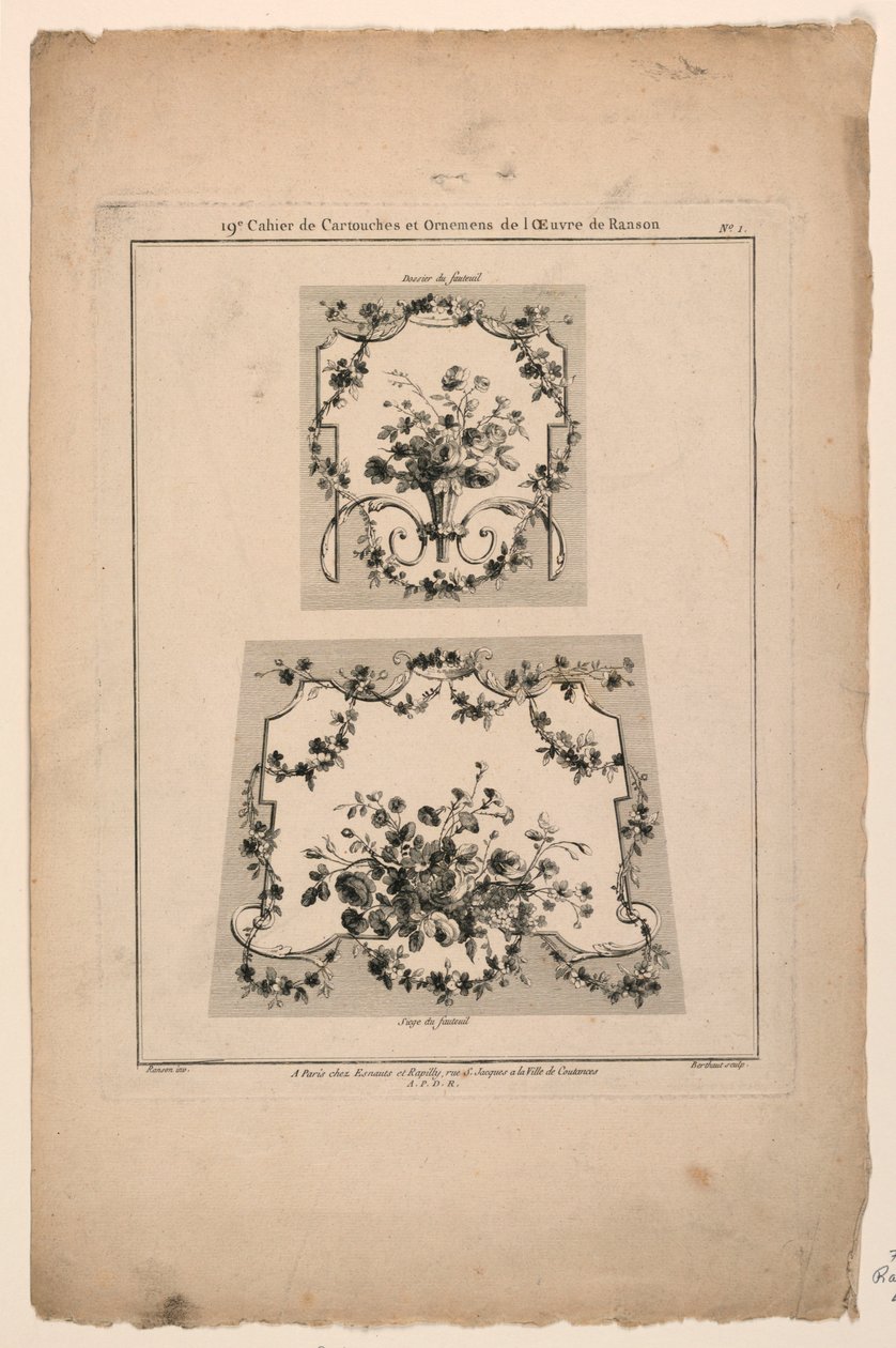 Progetti per sedie da arazzo, tavola 1 da "Cahier de Cartouches et Ornemens de l