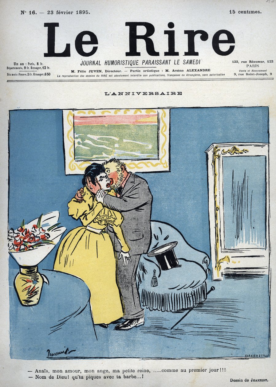 Compleanno - Anais, mio amore, mio angelo, mia piccola regina, come il primo giorno!!! - Gesù Cristo! Ti stai pungendo con la barba! - disegno di Pierre Georges Jeanniot (1848-1934) per "Le Rire" del 23 febbraio da Pierre Georges Jeanniot