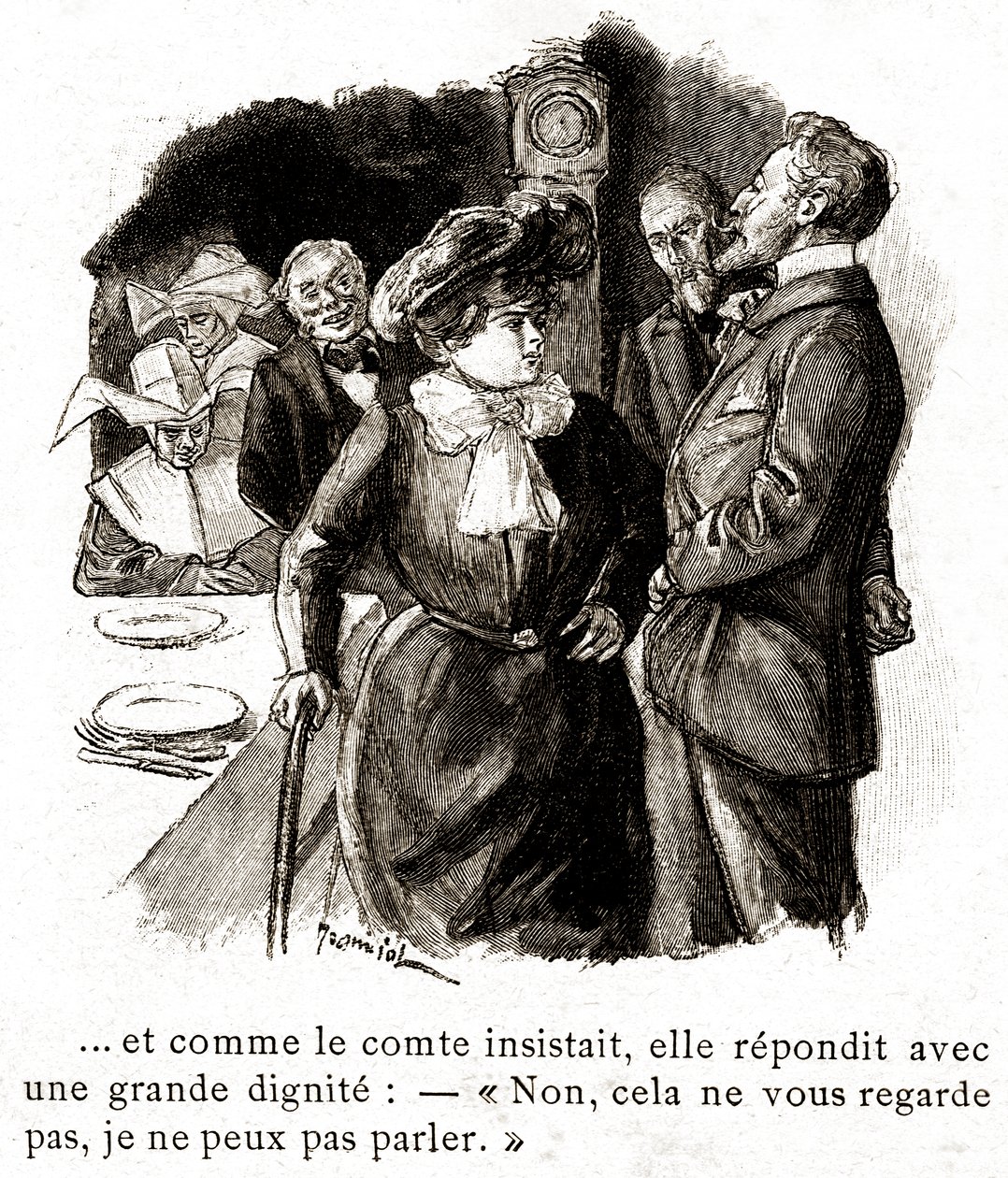 "Boule de Suif": Elisabeth Rousset si rifiuta di rispondere al conte, inizio del XX secolo (illustrazione) da Pierre Georges Jeanniot